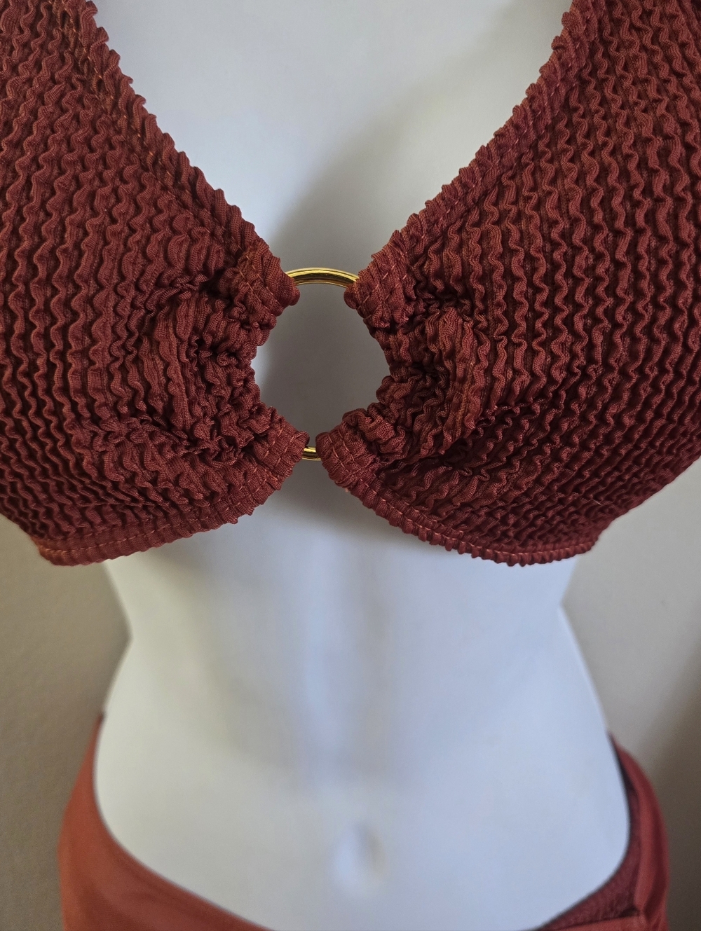 Rust Red Textured Halter Bikini Top with Ruched Skirt Set - Picture 4 of 8